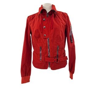 Jet Setter Designer Red‎ Moto Jacket Buckle Belt Zip Pockets Hooded Medium 8